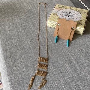 Plunder gold necklace and turquoise earrings